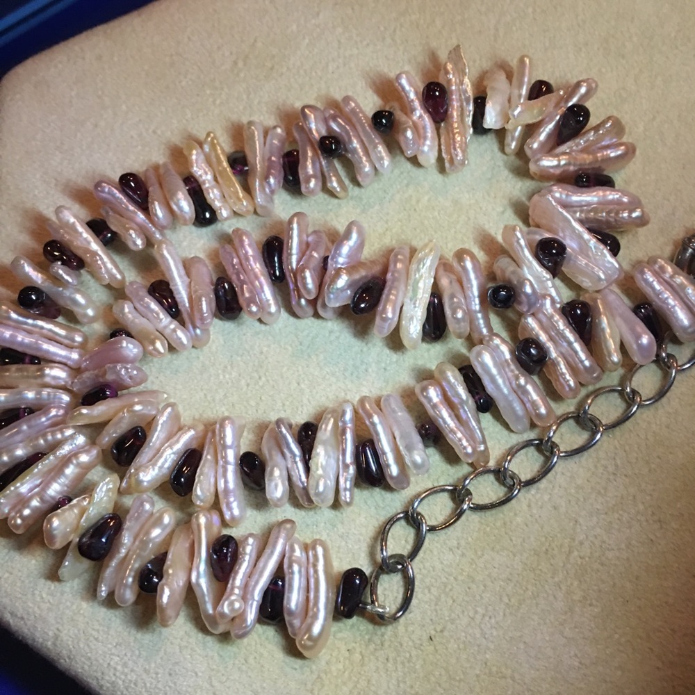 Biwa Freshwater Pearl and Garnet Necklace